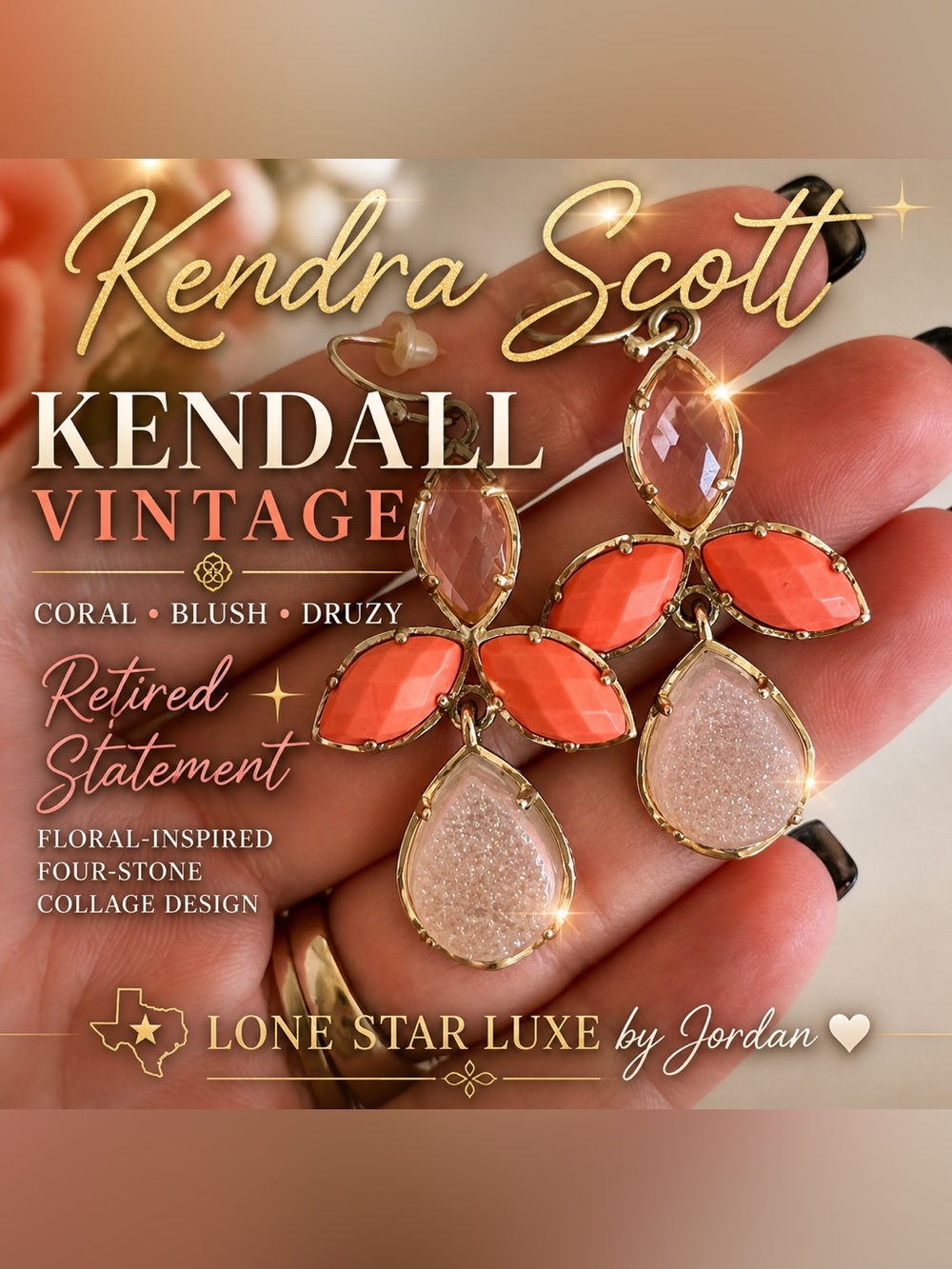 Kendra Scott Kendall Vintage Statement Earrings Coral Blush Druzy ✨ Retired HTF